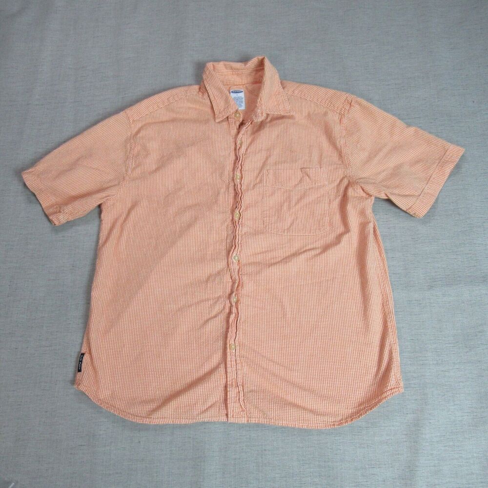 Old Navy Shirt Mens Size Large Orange Plaid Short Sleeve Button Coastal Beach